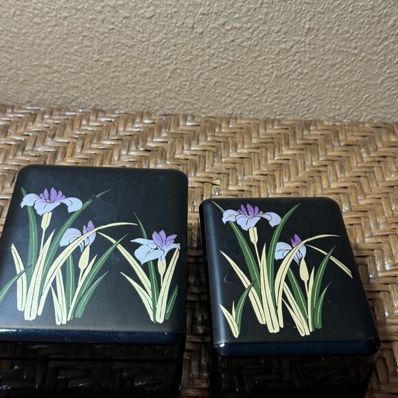 Vintage Japanese Lacquered  Stacking Trinket Boxes With Floral Design Set Of 2 - Picture 1 of 10